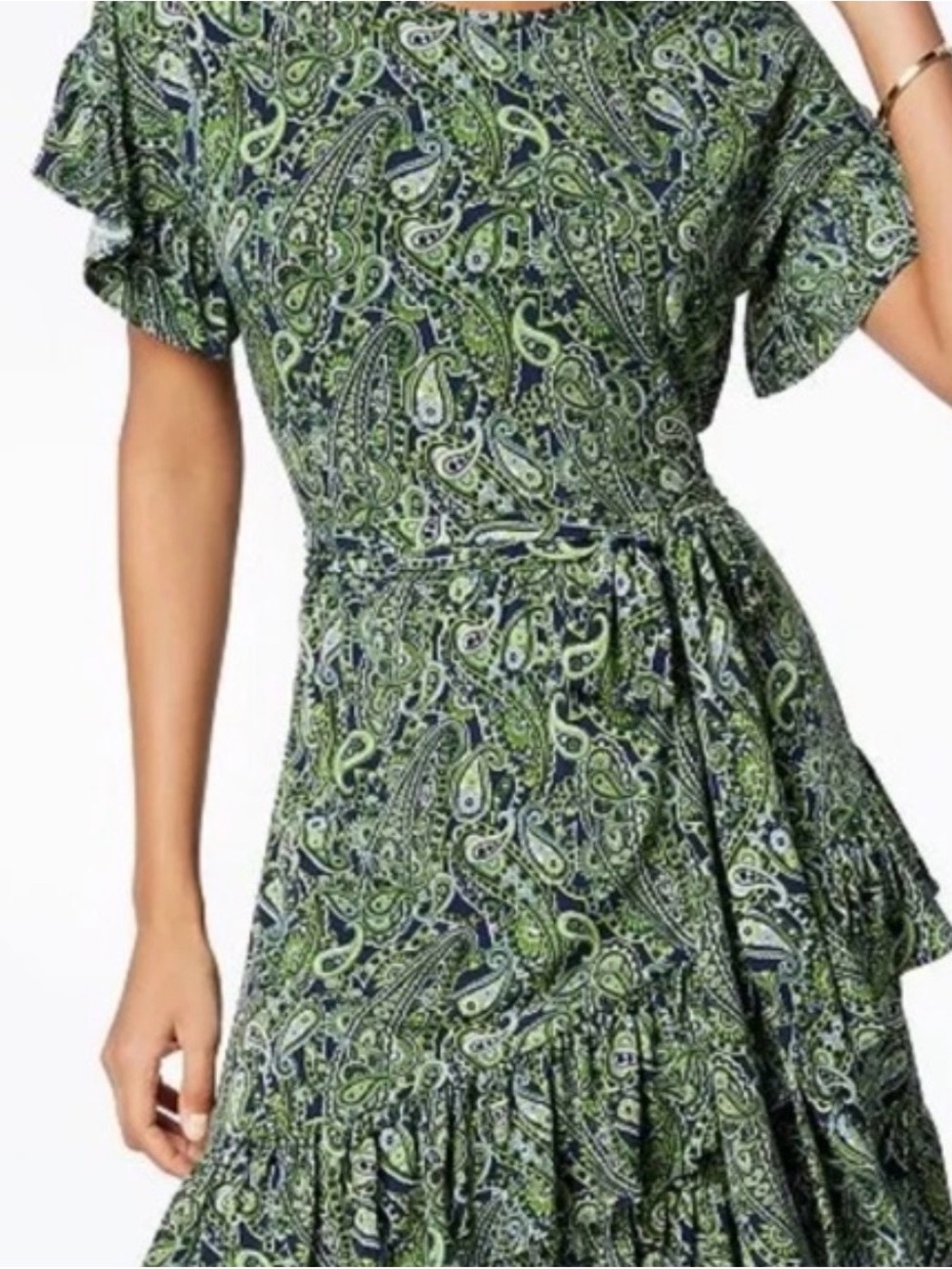 MICHAEL Michael Kors Navy and Green Paisley Belted Midi Dress